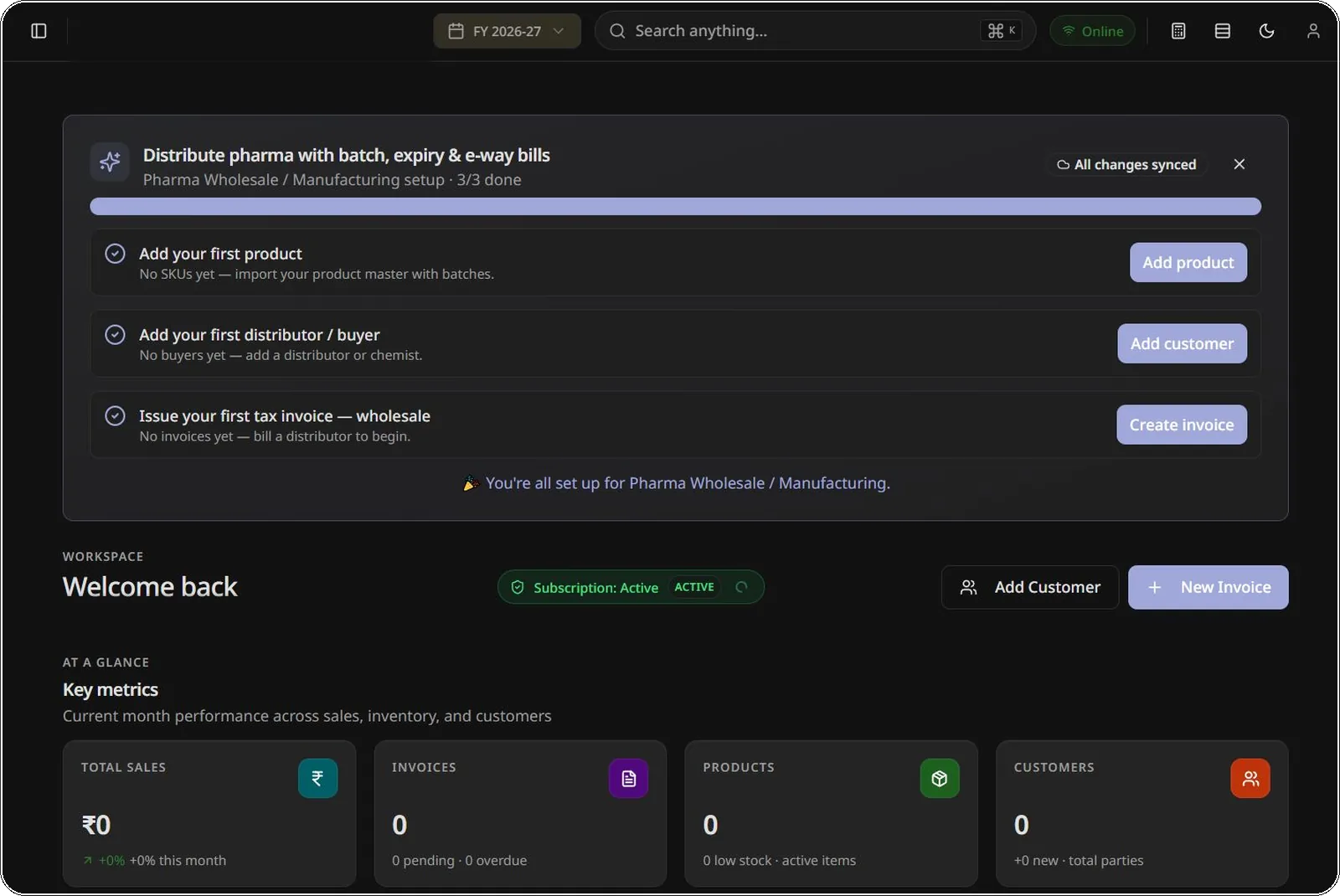 The InvoBill dashboard, showing key business metrics at a glance